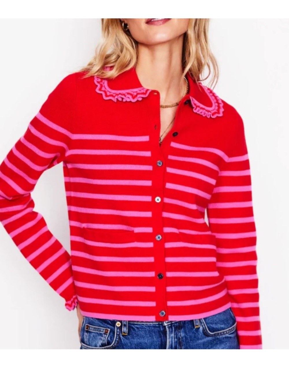 BODEN Jessie striped ruffled frill collared cardigan pink red size Small - Picture 12 of 12